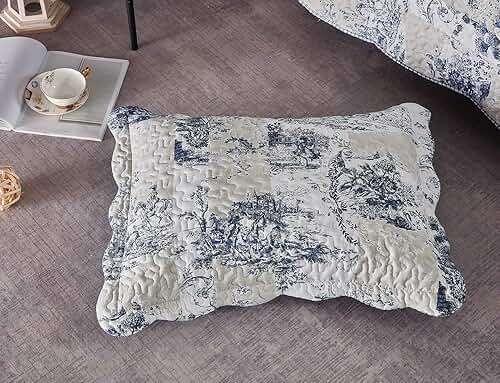 Brilliant Sunshine Blue Toile in Beige and Ivory Patches Quilt Twin Size, Bedding Set with Sham, Reversible Bedspread, Soft Lightweight Coverlet for All Seasons (68"x90") - Image 4