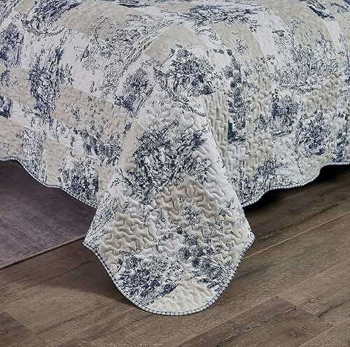 Brilliant Sunshine Blue Toile in Beige and Ivory Patches Quilt Twin Size, Bedding Set with Sham, Reversible Bedspread, Soft Lightweight Coverlet for All Seasons (68"x90") - Image 5