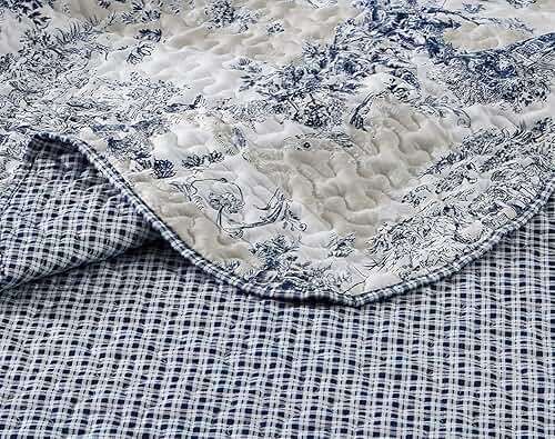 Brilliant Sunshine Blue Toile in Beige and Ivory Patches Quilt Twin Size, Bedding Set with Sham, Reversible Bedspread, Soft Lightweight Coverlet for All Seasons (68"x90") - Image 6
