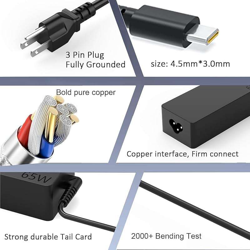 DECSZDY Replacement for 65W Lenovo Laptop Charger USB C ;Compatible with Lenovo ThinkPad T480s T580s T490 E480 E580 Chromebook C330 S330 100e 300e 500e,Yoga C930 C940 720 Power Supply Adapter Cord - Image 3
