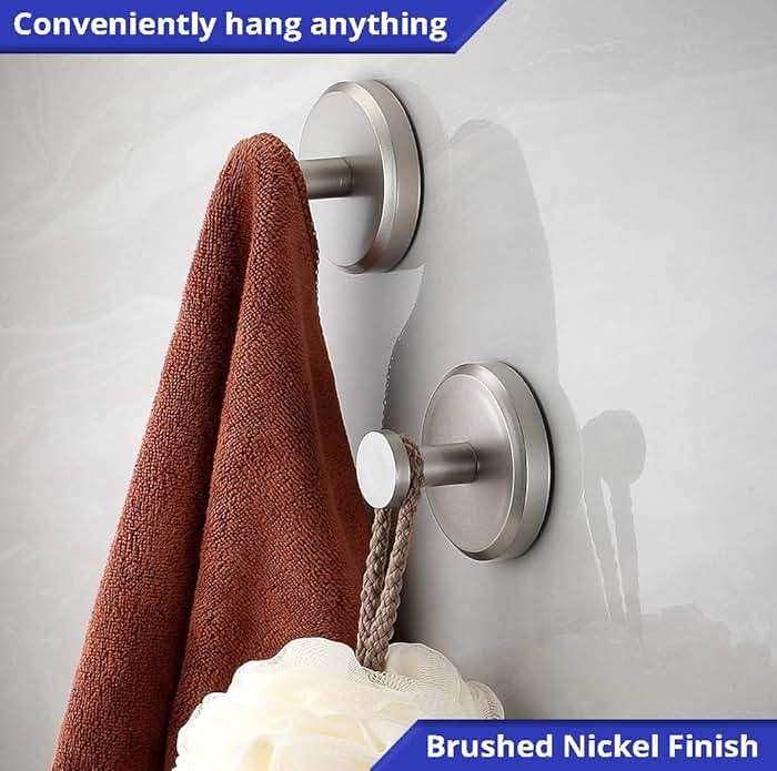 HOME SO Suction Cup Hooks for Shower & Bathroom Towel Holder 2-Pack – Suction Cups Hooks for Hanging Towels, Robes, & Coats - Tiles, Glass Door or Mirror – Shower Hooks & Towel Hooks Organizer -Nickel - Image 2