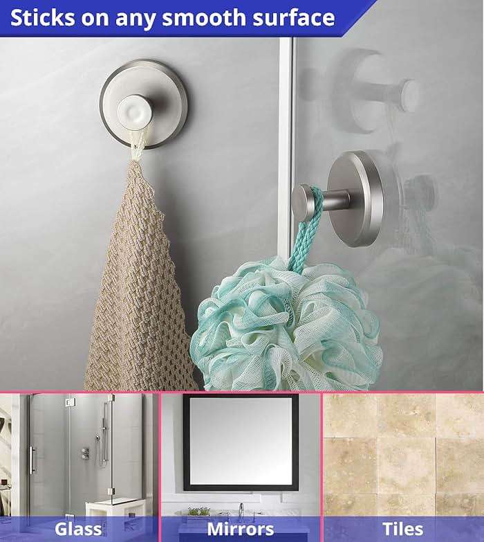 HOME SO Suction Cup Hooks for Shower & Bathroom Towel Holder 2-Pack – Suction Cups Hooks for Hanging Towels, Robes, & Coats - Tiles, Glass Door or Mirror – Shower Hooks & Towel Hooks Organizer -Nickel - Image 3