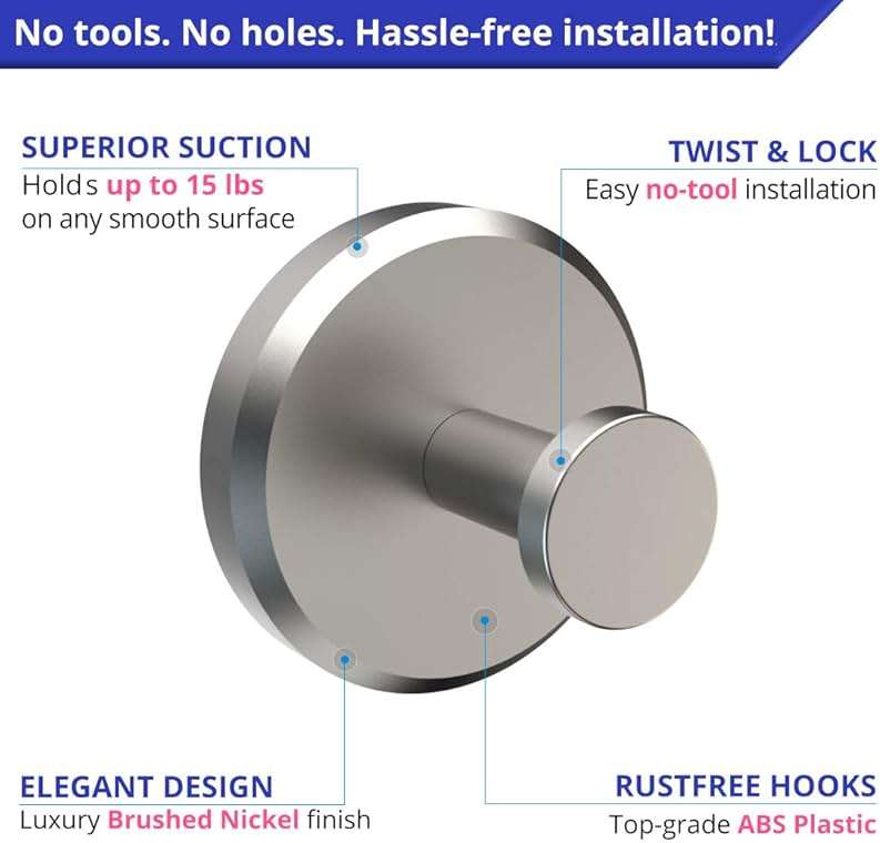 HOME SO Suction Cup Hooks for Shower & Bathroom Towel Holder 2-Pack – Suction Cups Hooks for Hanging Towels, Robes, & Coats - Tiles, Glass Door or Mirror – Shower Hooks & Towel Hooks Organizer -Nickel - Image 5