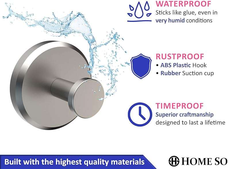 HOME SO Suction Cup Hooks for Shower & Bathroom Towel Holder 2-Pack – Suction Cups Hooks for Hanging Towels, Robes, & Coats - Tiles, Glass Door or Mirror – Shower Hooks & Towel Hooks Organizer -Nickel - Image 6