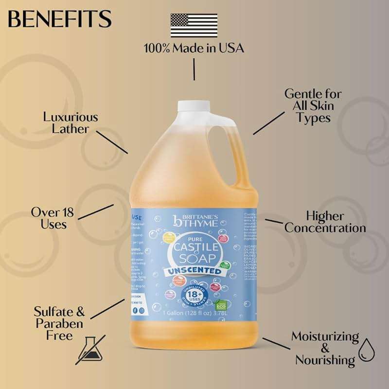 Brittanie's Pure Organic Castile Liquid Olive Oil Soap Refill, 1 Gallon Unscented | Face, Body Wash, All Purpose Cleaner, Dishes, Pets, Laundry | Vegan, Biodegradable, Made in USA - Image 2