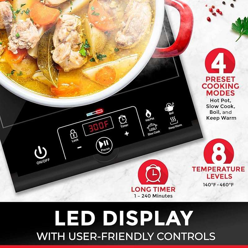 Mueller RapidTherm Portable Induction Cooktop,1800W Single Burner Hot Plate with 8 Power Levels, 8 Temperature Settings, 4 Presets, 4-Hour Timer, Auto Shut-Off & Child Lock for RV, Dorm, Small Kitchen - Image 4