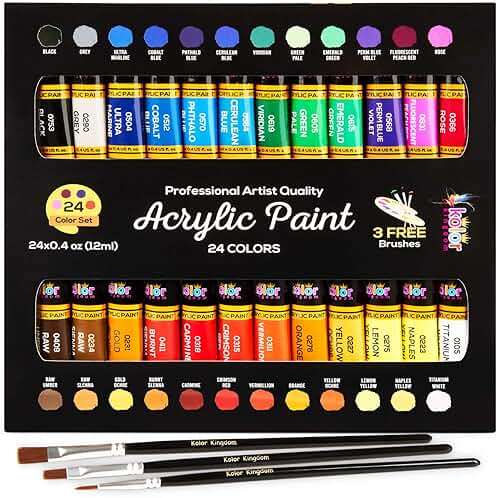 Acrylic Paint Set Canvas Art Paints 24 Colors Perfect Paint Finish (0.41oz,12 ml) With 3 Brushes - Painting Canvas, Paper, Wood, Rock, MDF, Ceramic & Fabric - Image 1