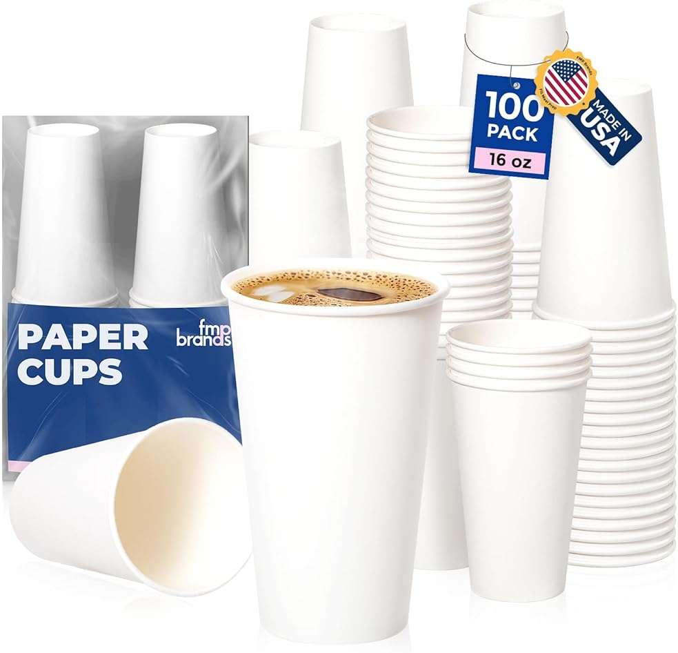 Fit Meal Prep 100 Pack 16 oz Disposable Paper Coffee Cups, Premium Hot Cups for Hot/Cold Beverage, Durable Thickened White Paper Cup Bulk for Party, Office, Bussines, Cafes, Bistros, Daily Use - Image 1