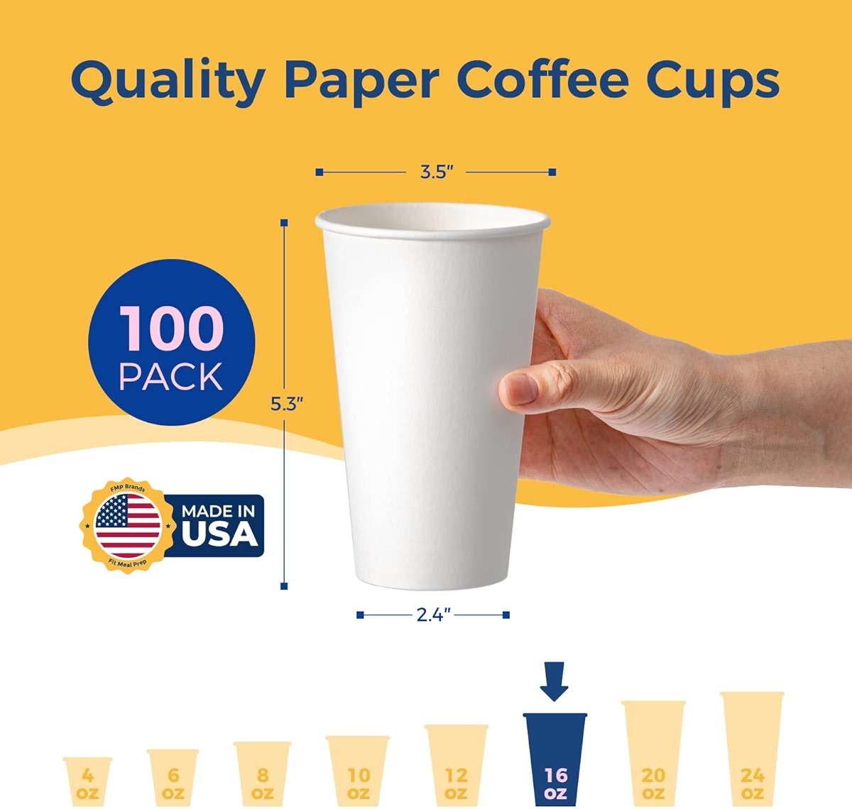 Fit Meal Prep 100 Pack 16 oz Disposable Paper Coffee Cups, Premium Hot Cups for Hot/Cold Beverage, Durable Thickened White Paper Cup Bulk for Party, Office, Bussines, Cafes, Bistros, Daily Use - Image 3