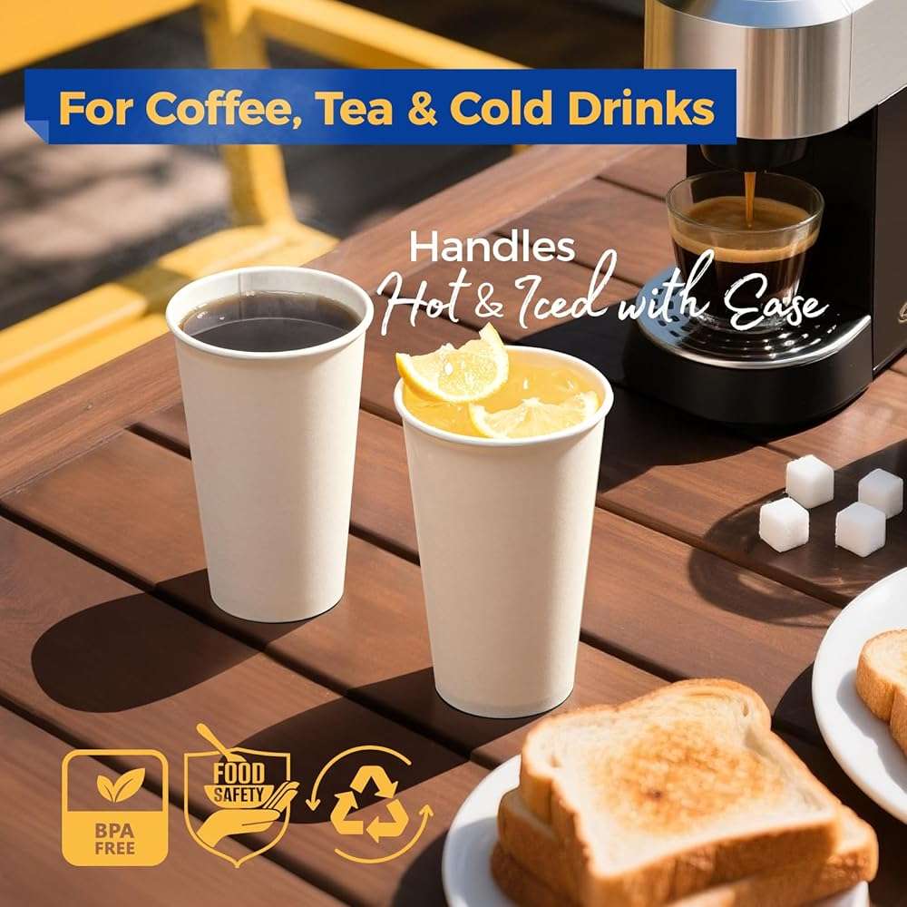 Fit Meal Prep 100 Pack 16 oz Disposable Paper Coffee Cups, Premium Hot Cups for Hot/Cold Beverage, Durable Thickened White Paper Cup Bulk for Party, Office, Bussines, Cafes, Bistros, Daily Use - Image 5