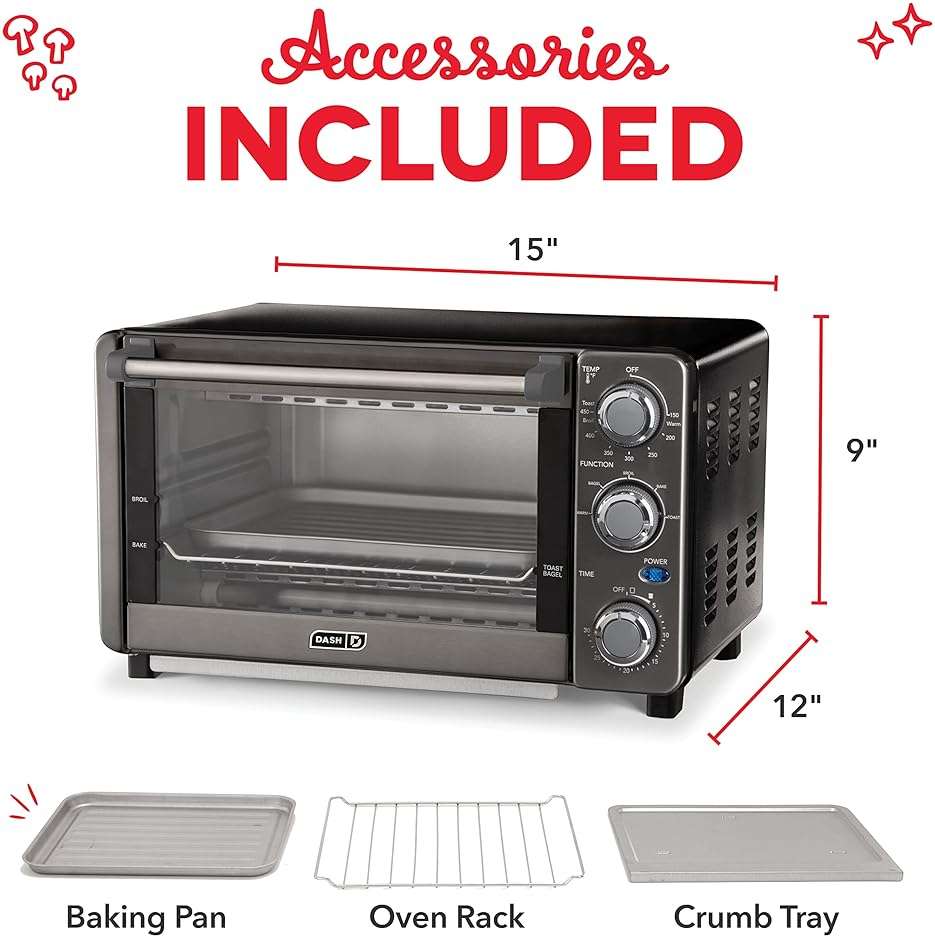 Dash Express Toaster Oven - Space-Saving Countertop Design - Versatile Use with adjustable temperature dial & Quick Heat-Up System - Dishwasher Safe Accessories - Bake, Broil & Toast - Black - Image 2