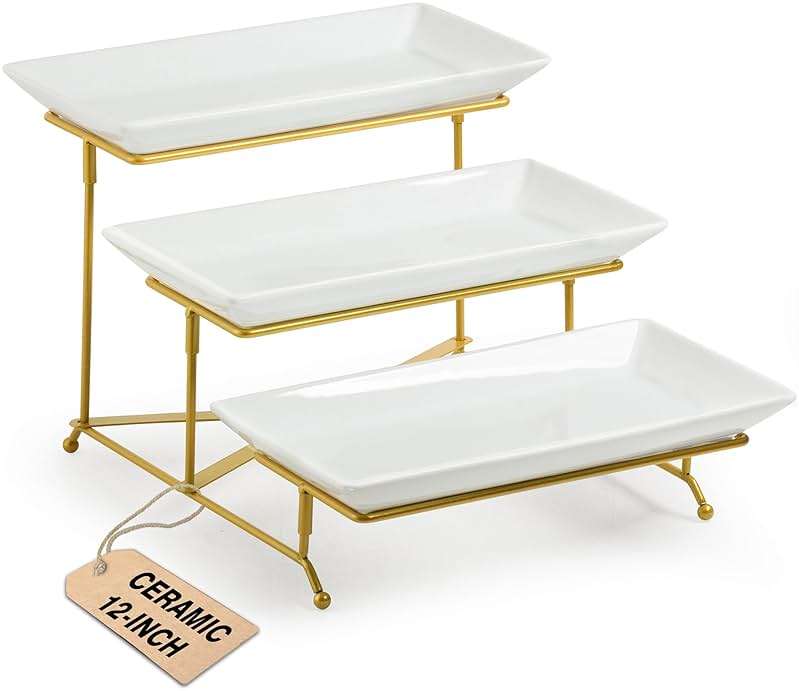 LAUCHUH 3 Tier Serving Tray, Porcelain Serving Platter Tier Serving Stand with Collapsible Sturdier Rack, Serving Trays and Platters Dessert Party Display Set for Father's Day, Gold, 12 Inch - Image 1