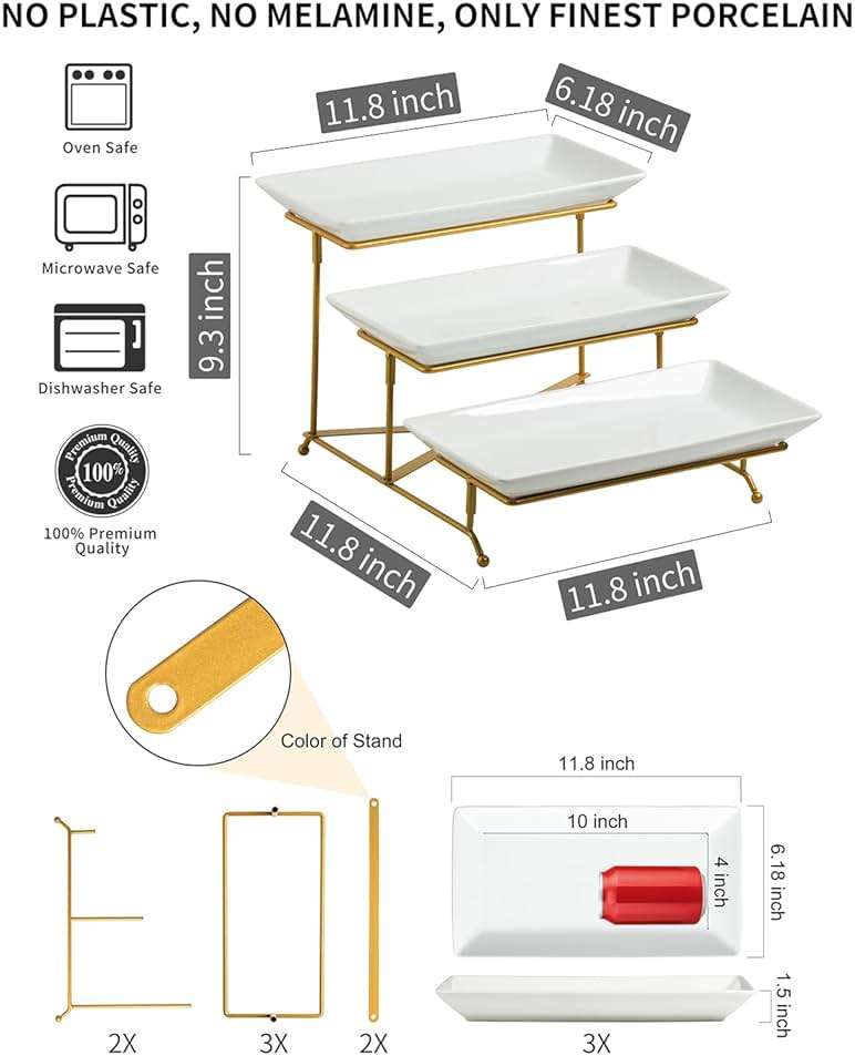 LAUCHUH 3 Tier Serving Tray, Porcelain Serving Platter Tier Serving Stand with Collapsible Sturdier Rack, Serving Trays and Platters Dessert Party Display Set for Father's Day, Gold, 12 Inch - Image 3