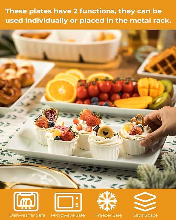 LAUCHUH 3 Tier Serving Tray, Porcelain Serving Platter Tier Serving Stand with Collapsible Sturdier Rack, Serving Trays and Platters Dessert Party Display Set for Father's Day, Gold, 12 Inch - Image 5