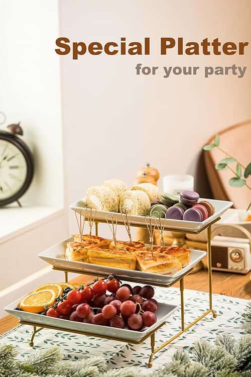 LAUCHUH 3 Tier Serving Tray, Porcelain Serving Platter Tier Serving Stand with Collapsible Sturdier Rack, Serving Trays and Platters Dessert Party Display Set for Father's Day, Gold, 12 Inch - Image 6