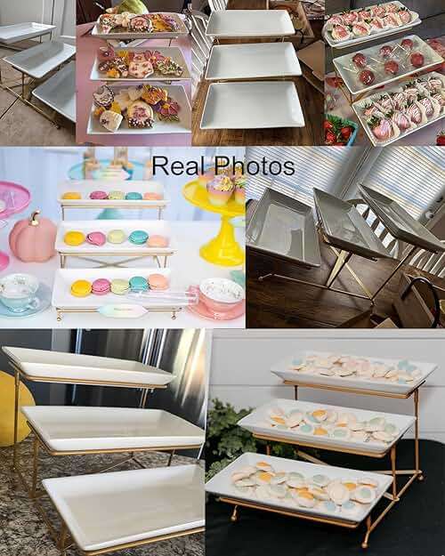 LAUCHUH 3 Tier Serving Tray, Porcelain Serving Platter Tier Serving Stand with Collapsible Sturdier Rack, Serving Trays and Platters Dessert Party Display Set for Father's Day, Gold, 12 Inch - Image 7