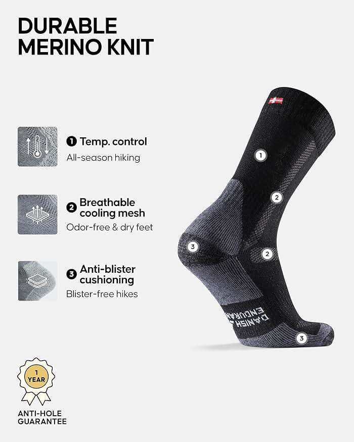 DANISH ENDURANCE Merino Wool Hiking Socks for Men & Women, Breathable, Anti-Blister Socks for Outdoors, 3 or 5-Pack - Image 2