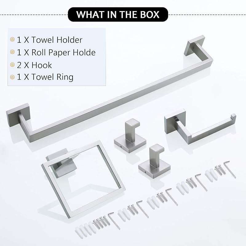 TNOMS Bathroom Towel Bar Set 5 Pieces Brushed Nickel Square Modern Bathroom Hardware Set,Stainless Steel Wall Mounted 23.6-Inch - Image 7