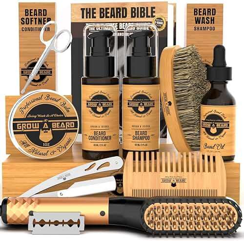 Beard Straightener Grooming Kit for Men, Beard Growth Kit, Wash, Brush & Comb, Unscented Growth Oil, All Natural Sandalwood Balm, Conditioner, Razor & Scissors, Great Gift Idea for Men's (Bamboo) - Image 1
