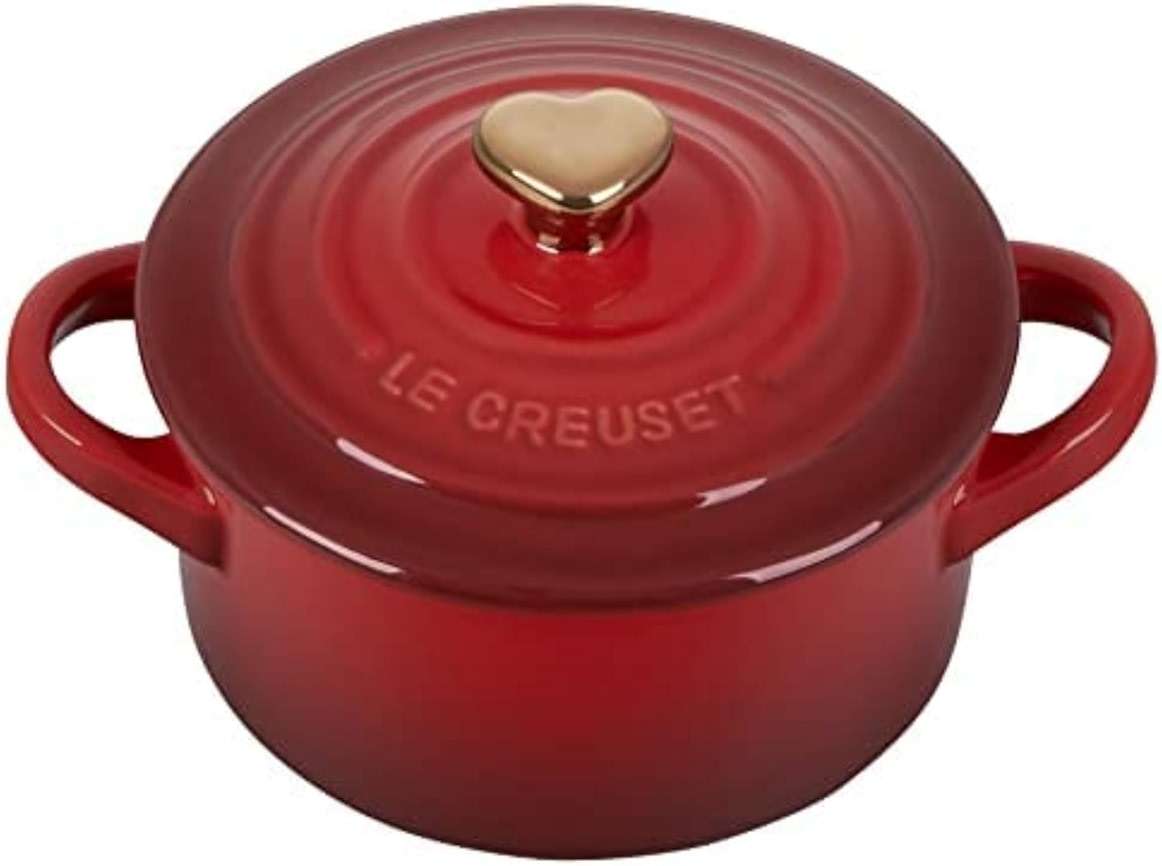 Le Creuset Stoneware Mini Round Cocotte, 8oz., Cerise with Gold Heart Knob - Image 1
