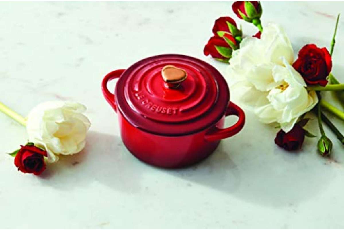 Le Creuset Stoneware Mini Round Cocotte, 8oz., Cerise with Gold Heart Knob - Image 2