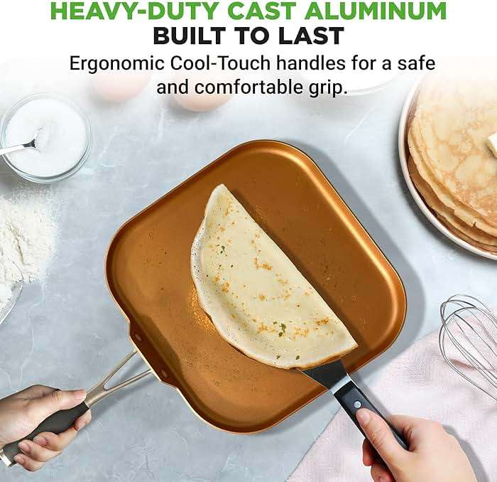 NutriChef Copper Pan Non-Stick Coating Inside, Hard-Anodized Look Heat Resistant Lacquer Outside, Silicone Handle NCSQPA, 1 Griddle - Image 4