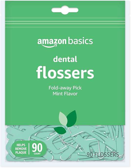 Amazon Basics Mint Dental Flossers, Shred Resistant, Slides Easily Between Teeth, with Fold-Away Pick, 90 Count, 1-Pack (Previously Solimo) - Image 1