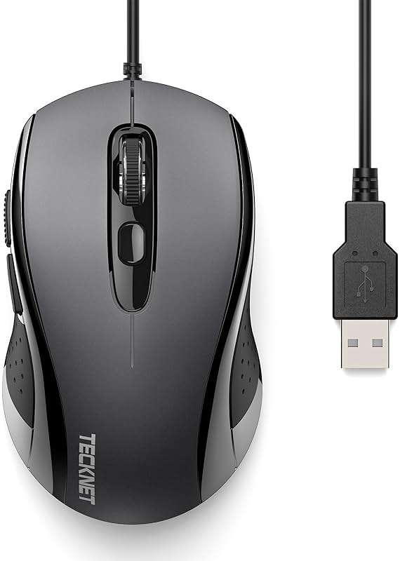 TECKNET USB-A Wired Mouse for Laptop Computer with 2-Button,Home and Office 5FT Corded Mouse, 1600DPI Ergo-Optic Shape PC Mouse Wired for Chromebook,PC,Desktop,Notebook-Black - Image 1