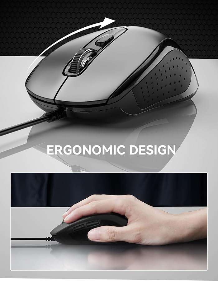 TECKNET USB-A Wired Mouse for Laptop Computer with 2-Button,Home and Office 5FT Corded Mouse, 1600DPI Ergo-Optic Shape PC Mouse Wired for Chromebook,PC,Desktop,Notebook-Black - Image 2
