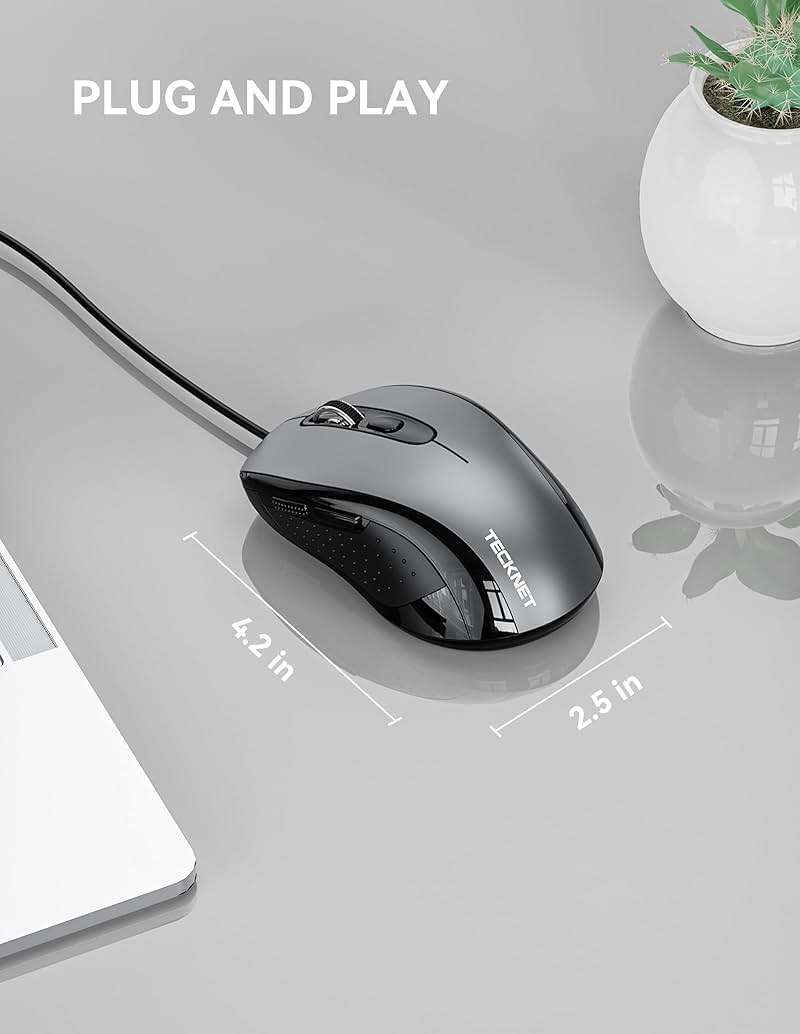 TECKNET USB-A Wired Mouse for Laptop Computer with 2-Button,Home and Office 5FT Corded Mouse, 1600DPI Ergo-Optic Shape PC Mouse Wired for Chromebook,PC,Desktop,Notebook-Black - Image 4