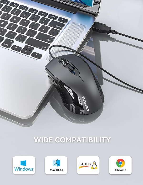 TECKNET USB-A Wired Mouse for Laptop Computer with 2-Button,Home and Office 5FT Corded Mouse, 1600DPI Ergo-Optic Shape PC Mouse Wired for Chromebook,PC,Desktop,Notebook-Black - Image 5