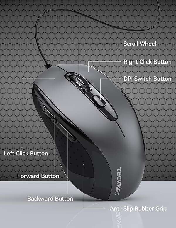 TECKNET USB-A Wired Mouse for Laptop Computer with 2-Button,Home and Office 5FT Corded Mouse, 1600DPI Ergo-Optic Shape PC Mouse Wired for Chromebook,PC,Desktop,Notebook-Black - Image 7