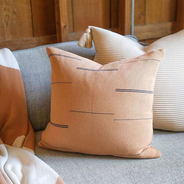 Lumi Living 100% Cotton Knitted Soft Modern Geometric Dash Lines Throw Pillow Cover (Thin Line Baked Clay, 18" x 18") - Image 2