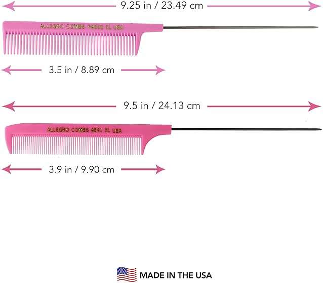 Allegro Combs XL Pintail Rat Tail Combs for Hair Coloring & Foiling, Stainless Steel Metal Tail Parting Combs for Highlights, Balayage & Sectioning, USA Made, 2 Piece (Pink) - Image 2
