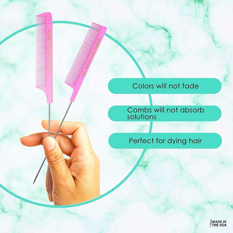 Allegro Combs XL Pintail Rat Tail Combs for Hair Coloring & Foiling, Stainless Steel Metal Tail Parting Combs for Highlights, Balayage & Sectioning, USA Made, 2 Piece (Pink) - Image 8