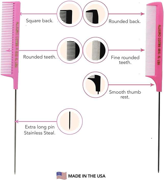Allegro Combs XL Pintail Rat Tail Combs for Hair Coloring & Foiling, Stainless Steel Metal Tail Parting Combs for Highlights, Balayage & Sectioning, USA Made, 2 Piece (Pink) - Image 9