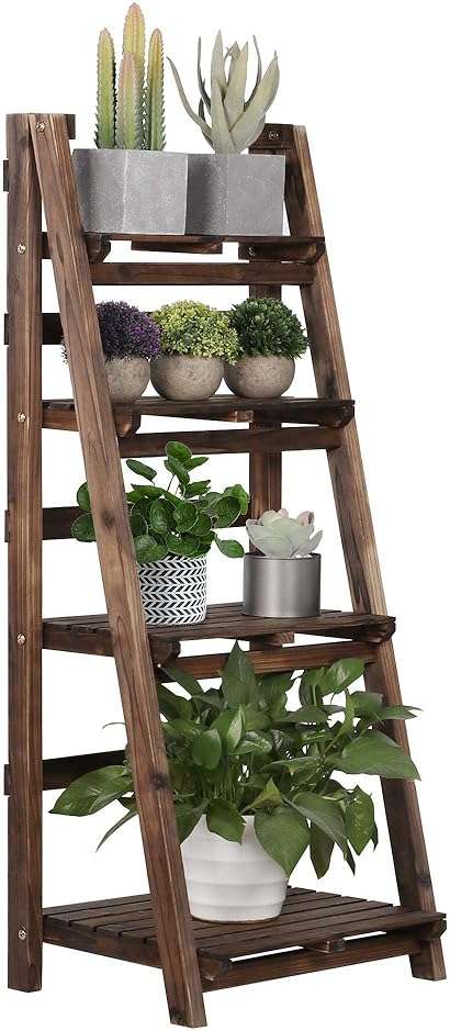Yaheetech Foldable Ladder Shelves, Decorative Wall-Leaning Home Office Storage Rack Shelves, Display Shelving for Livingroom Bedroom Balcony, Fir Wood Brown, Simple Assembly 4 Tier - Image 1