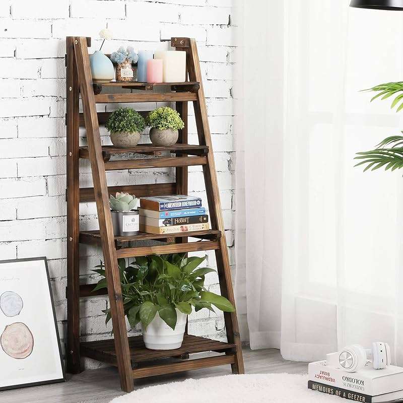 Yaheetech Foldable Ladder Shelves, Decorative Wall-Leaning Home Office Storage Rack Shelves, Display Shelving for Livingroom Bedroom Balcony, Fir Wood Brown, Simple Assembly 4 Tier - Image 2