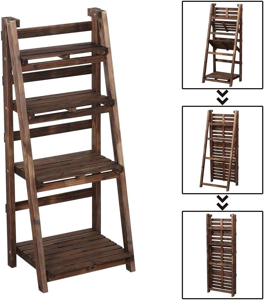 Yaheetech Foldable Ladder Shelves, Decorative Wall-Leaning Home Office Storage Rack Shelves, Display Shelving for Livingroom Bedroom Balcony, Fir Wood Brown, Simple Assembly 4 Tier - Image 4