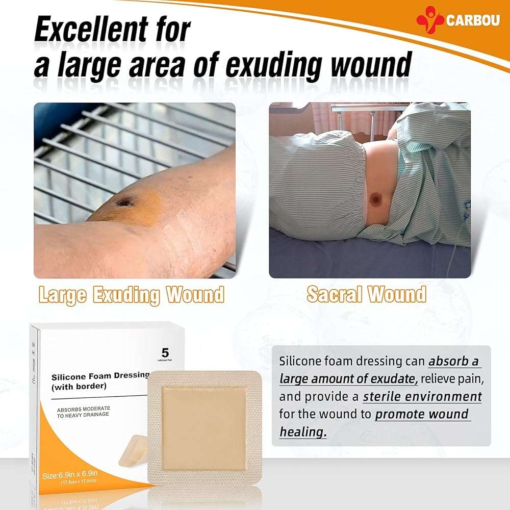 Carbou 5Pcs Silicone Foam Dressing 7" x 7" (17.5cmx17.5cm) - Wound Care Sacrum Foam Dressing with Border Adhesive Waterproof Central Ultra Absorbent-Foam(4.9" X 4.9")Waterproof Silicone Wound Bandage - Image 2