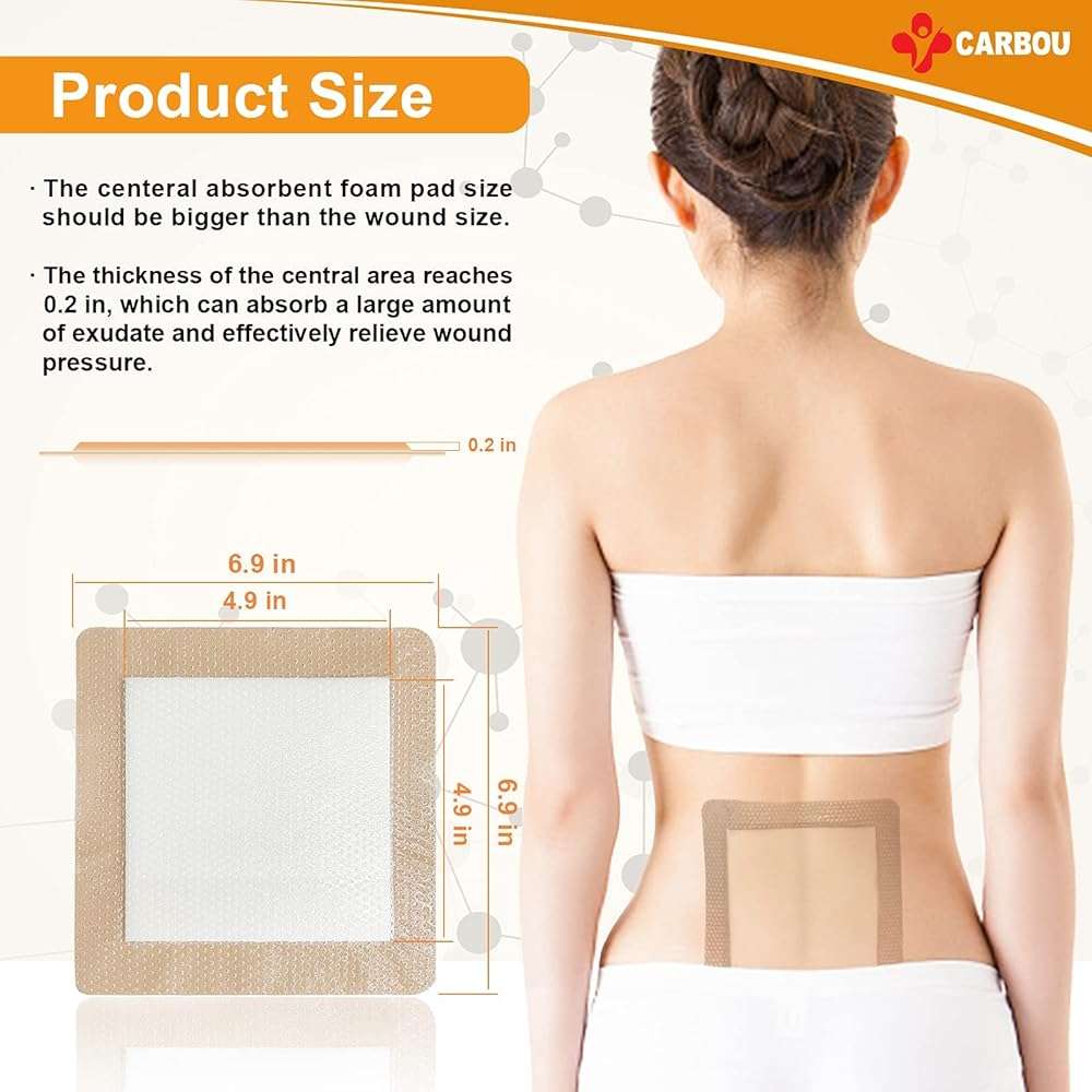 Carbou 5Pcs Silicone Foam Dressing 7" x 7" (17.5cmx17.5cm) - Wound Care Sacrum Foam Dressing with Border Adhesive Waterproof Central Ultra Absorbent-Foam(4.9" X 4.9")Waterproof Silicone Wound Bandage - Image 6