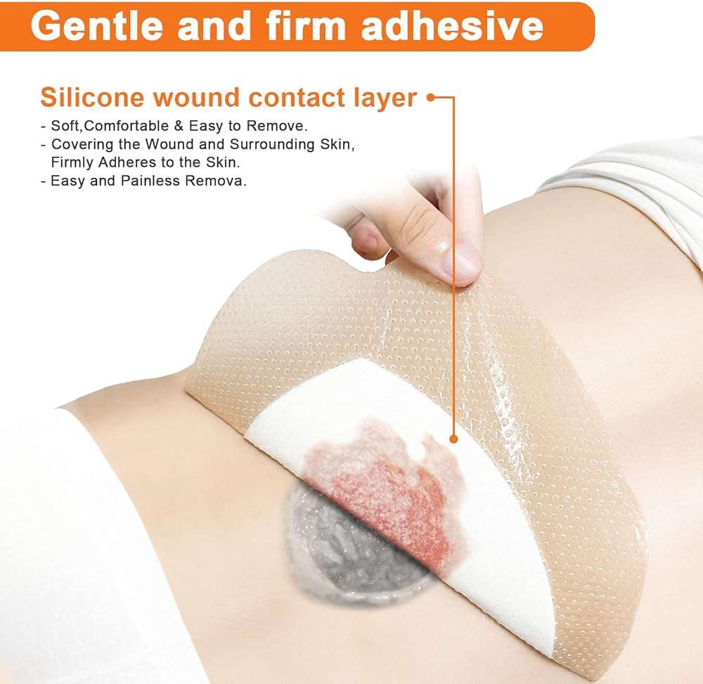 Carbou 5Pcs Silicone Foam Dressing 7" x 7" (17.5cmx17.5cm) - Wound Care Sacrum Foam Dressing with Border Adhesive Waterproof Central Ultra Absorbent-Foam(4.9" X 4.9")Waterproof Silicone Wound Bandage - Image 7