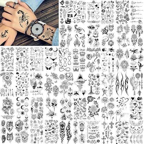 FANRUI 52 Sheets Creative Black Tiny Crown Infinity Triangle Fake Tattoos For Men Women Realistic Stars Letters Tattoos For Kids Temporary Waterproof Arm Hand Face Finger Neck Tatoo Stickers - Image 1