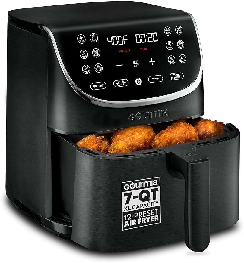 Gourmia Air Fryer - 7 Qt Large Capacity with LED Display, 12 One-Touch Presets, FryForce 360° Technology, Nonstick Dishwasher-Safe Basket & Crisper Tray, Black - Image 1