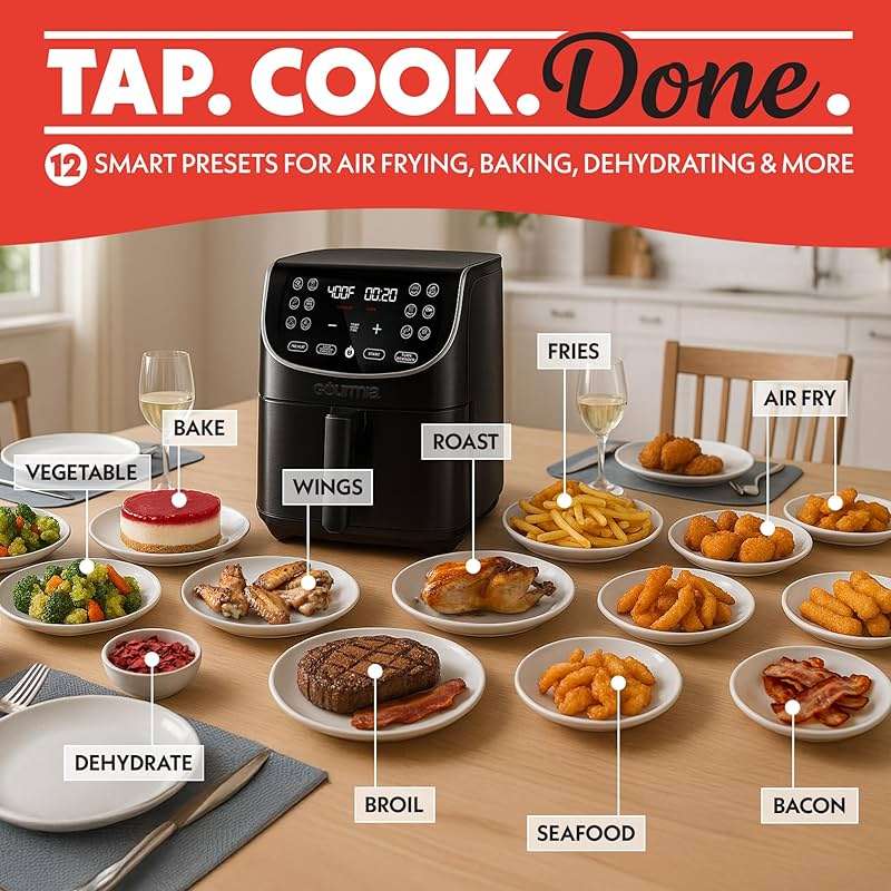 Gourmia Air Fryer - 7 Qt Large Capacity with LED Display, 12 One-Touch Presets, FryForce 360° Technology, Nonstick Dishwasher-Safe Basket & Crisper Tray, Black - Image 3