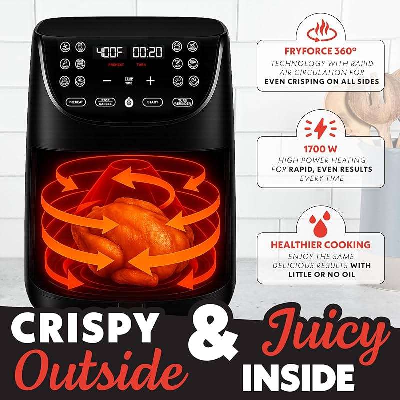 Gourmia Air Fryer - 7 Qt Large Capacity with LED Display, 12 One-Touch Presets, FryForce 360° Technology, Nonstick Dishwasher-Safe Basket & Crisper Tray, Black - Image 5
