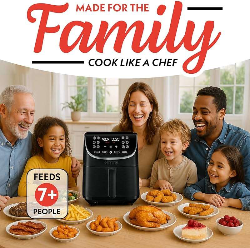 Gourmia Air Fryer - 7 Qt Large Capacity with LED Display, 12 One-Touch Presets, FryForce 360° Technology, Nonstick Dishwasher-Safe Basket & Crisper Tray, Black - Image 9
