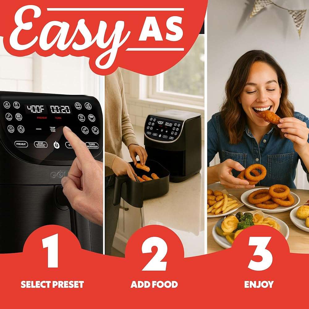 Gourmia Air Fryer - 7 Qt Large Capacity with LED Display, 12 One-Touch Presets, FryForce 360° Technology, Nonstick Dishwasher-Safe Basket & Crisper Tray, Black - Image 10