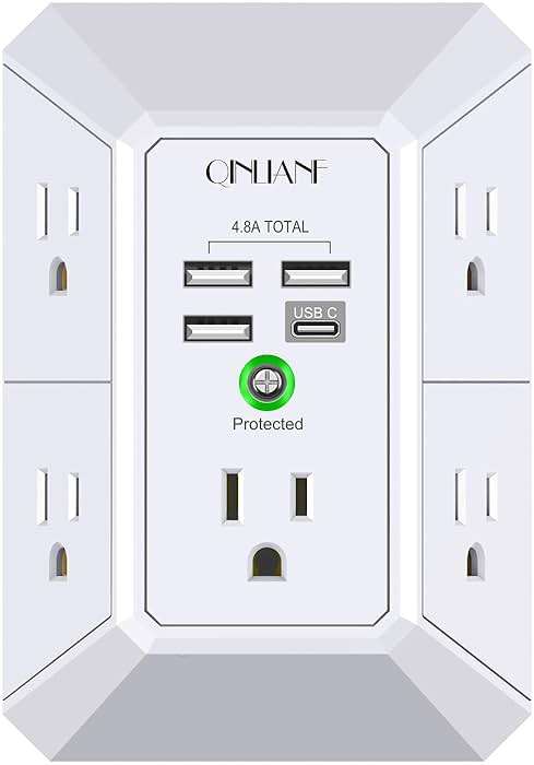 Wall Charger, Surge Protector, QINLIANF 5 Outlet Extender with 4 USB Charging Ports, 3-Sided 1680J Power Strip Multi Plug Adapter Spaced for Home Travel Office - Image 1