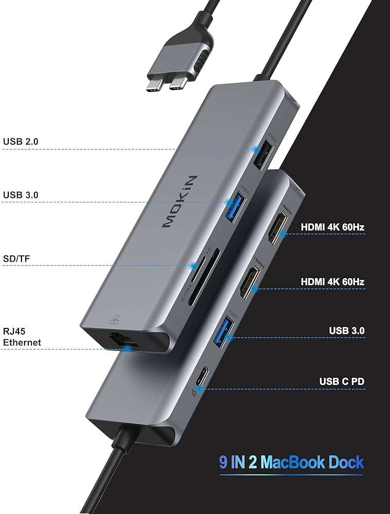 MacBook Pro Docking Station Dual Monitor MacBook Pro HDMI Adapter,9 in 1 USB C Adapters for MacBook Pro Air Mac HDMI Dock Dongle Dual USB C to Dual HDMI Ethernet 3USB SD/TF100W PD - Image 2